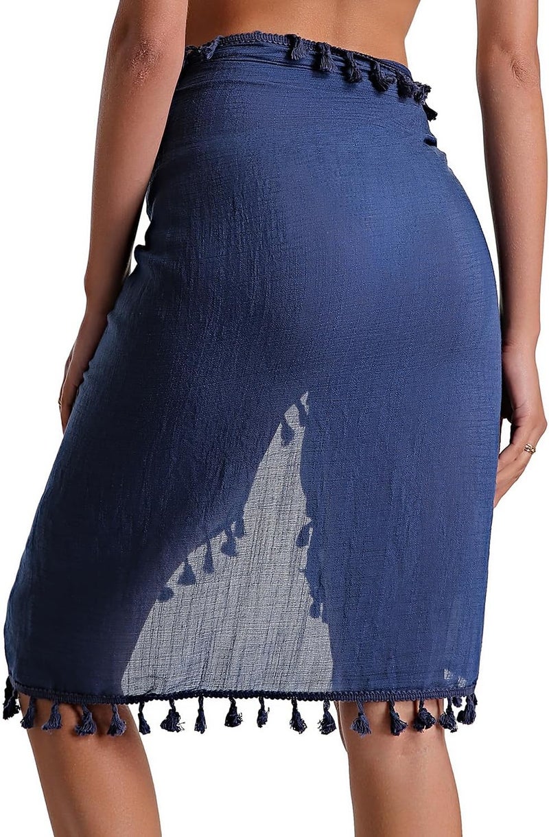 Eicolorte Store Beach Sarong Pareo Womens Semi-Sheer Swimwear Cover Ups Short Skirt with Tassels - Image 3